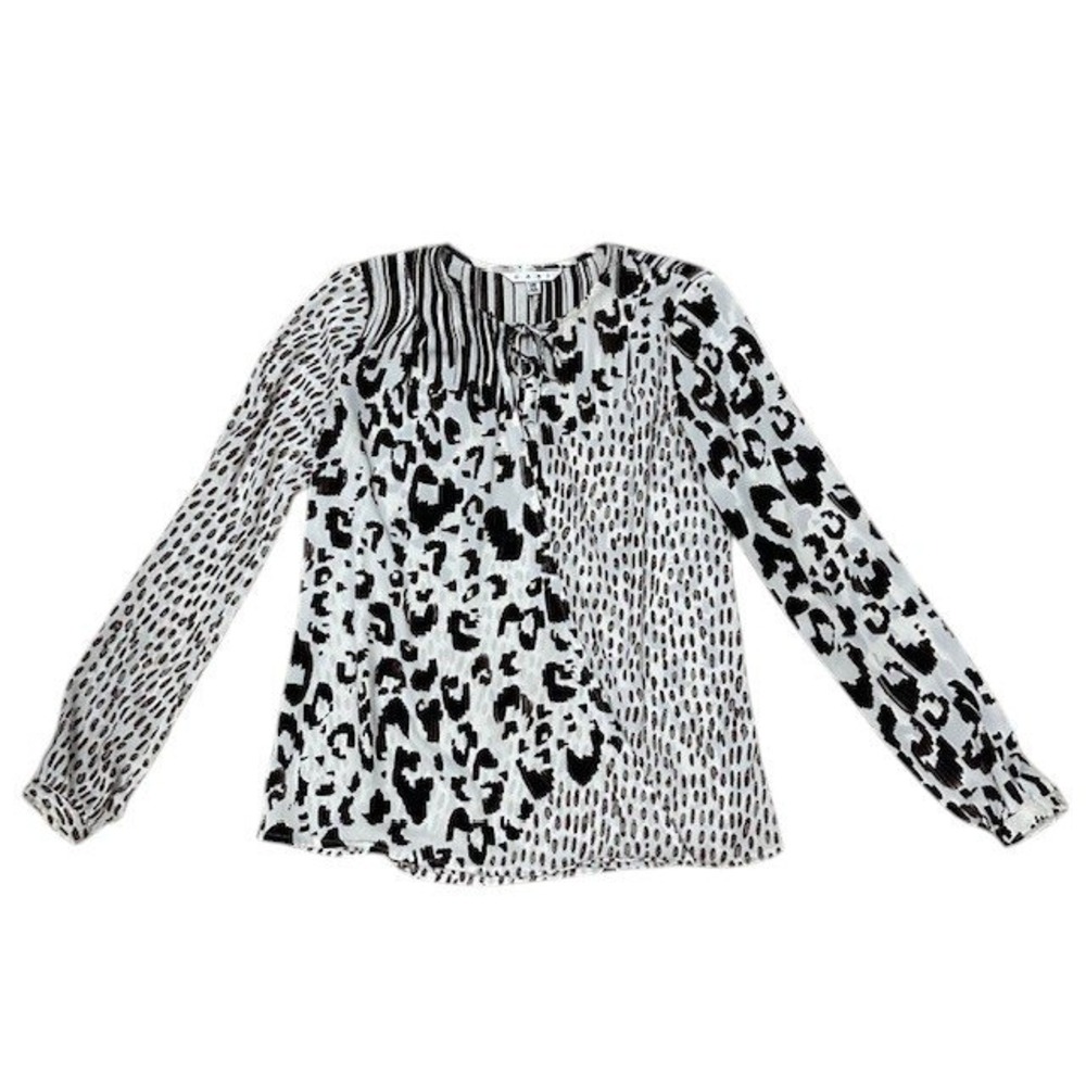 Cabi XS Animal Print Blouse Top Tie Neck Long Sleeve Abstract White Black